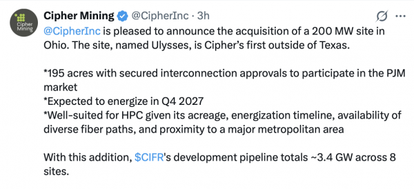Cipher Mining покупает энергетический объект в Огайо и выходит на рынок PJM Cipher Mining покупает энергетический объект в Огайо и выходит на рынок PJM